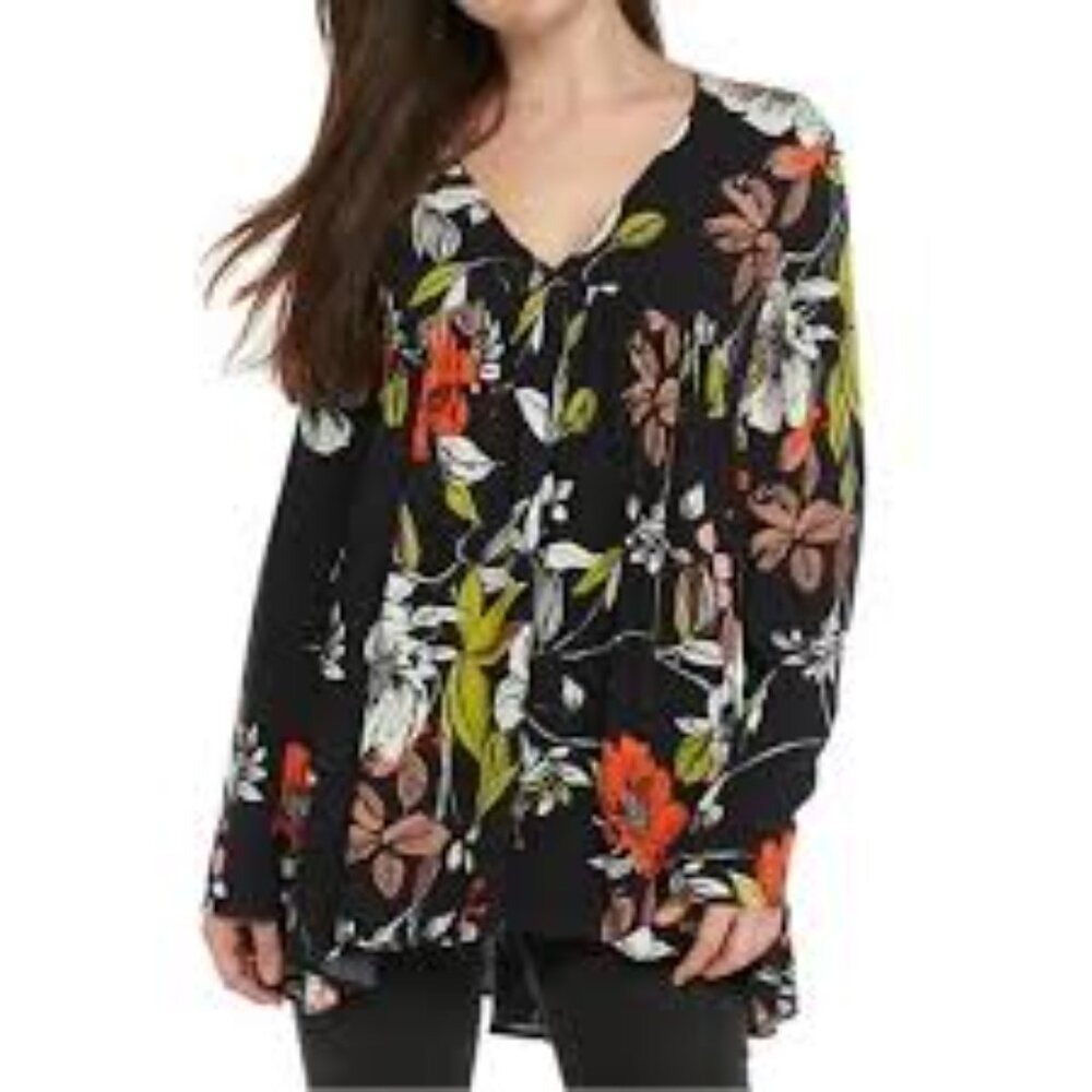 Free People Floral Babydoll Tunic Black V-Neck Long Sleeve Rayon Top XS